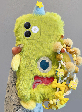 绿色独眼怪适用华为荣耀x60i+手机壳x50i立体30pro挂链x20se1卡通9x+8x毛绒绒x30i十play4tpro硅胶畅玩30plus