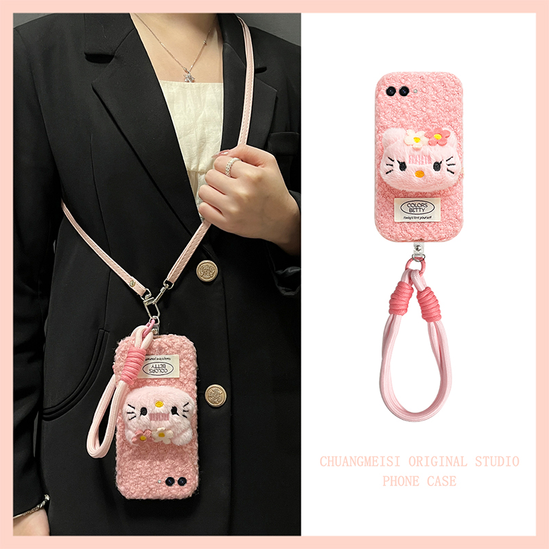 粉色花朵凯蒂猫适用三星zflip7fe手机壳zfold6斜挎zflip5可背带w23flip秋冬3折叠屏zfold2毛绒w22/w21/galaxy