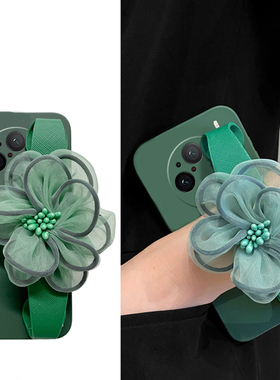 绿色纱花适用vivox100pro手机壳x90s手腕x60pro曲屏版立体por+十带花朵pr0斜挎vivo硅胶vivi软壳vovo可背x100
