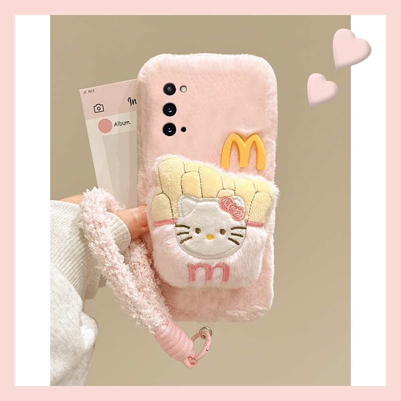 粉色薯条kt猫适用三星a90手机壳a80尼龙绳a70s立体a50秋冬季a30毛绒a20毛茸茸a10卡通a52/a8s/galaxy/a53/f52
