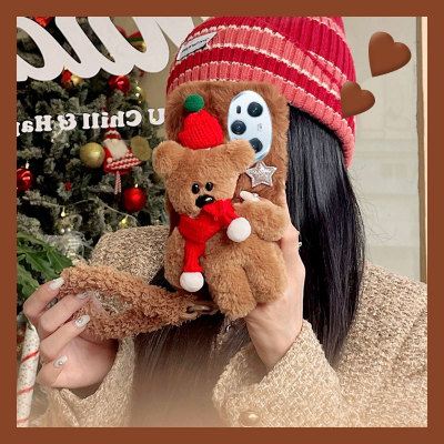 毛绒绒圣诞小熊适用华为荣耀100pro手机壳x50i毛茸茸90卡通80gt可爱70立体60se冬天畅玩50plus+十少女心honor