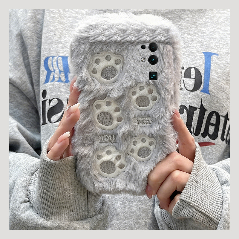 刺绣猫爪适用华为荣耀30pro+手机壳30s保暖v30冬天x30i秋冬畅玩30plus毛绒x20se卡通x10max/play4t/3可爱硅胶