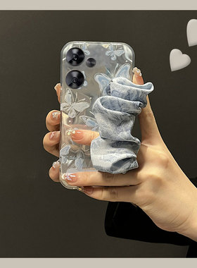 蓝色蝴蝶丝巾适用小米红米note13pro手机壳12turbo+十11t腕带10斜挎9可背8硅胶7por软壳redmi小众n0te夏天女