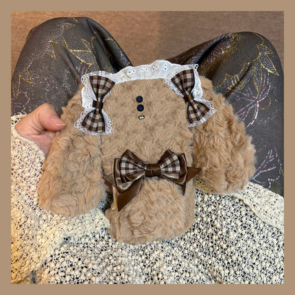 蕾丝格子蝴蝶结苹果适用oppor17pro手机壳r15x梦境版r11splus立体r9s耳朵r7plus秋冬季r17毛绒oppo毛茸茸0pp0