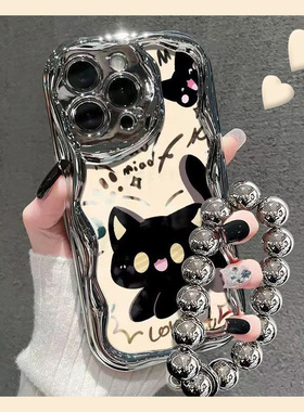 电镀黑色猫咪适用vivos18手机壳s17日韩s16pro高级感s15e带挂链17t硅胶17e软壳16e小众s18e银色vivi个性vovo