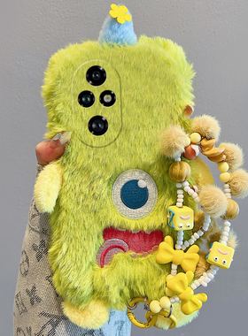 绿色独眼怪适用华为荣耀200lite手机壳honor100pro立体90gt挂链80卡通70秋冬季60se毛绒绒v40i+x50十x40i硅胶