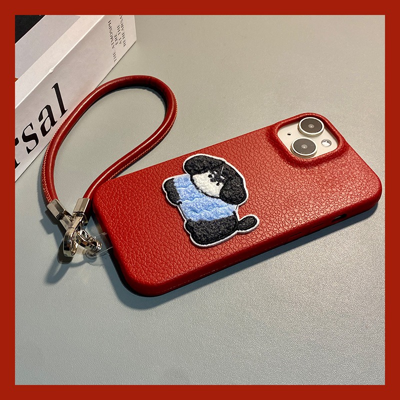 手机壳仿皮皮纹新年红色卡通刺绣