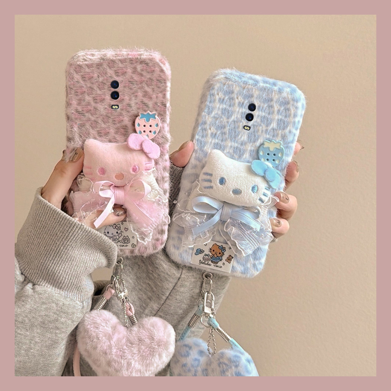 草莓豹纹kt猫适用oppor17pro手机壳r15x梦境版r11splus挂件r9s挂绳r7plus秋冬季r17毛绒oppo毛茸茸0pp0卡通软