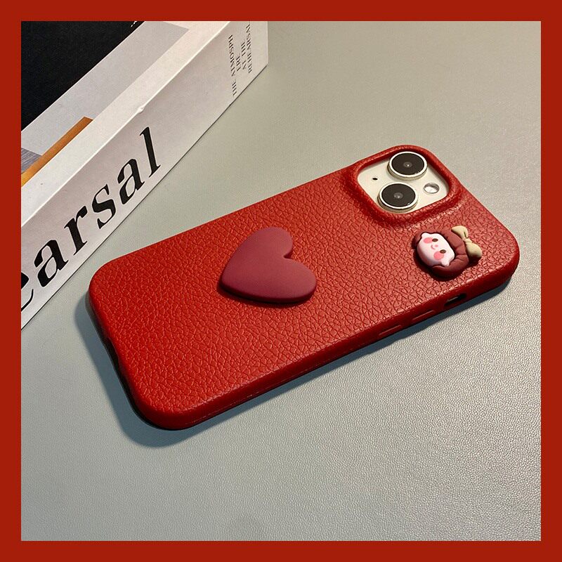 手机壳仿皮皮纹新年红色立体卡通