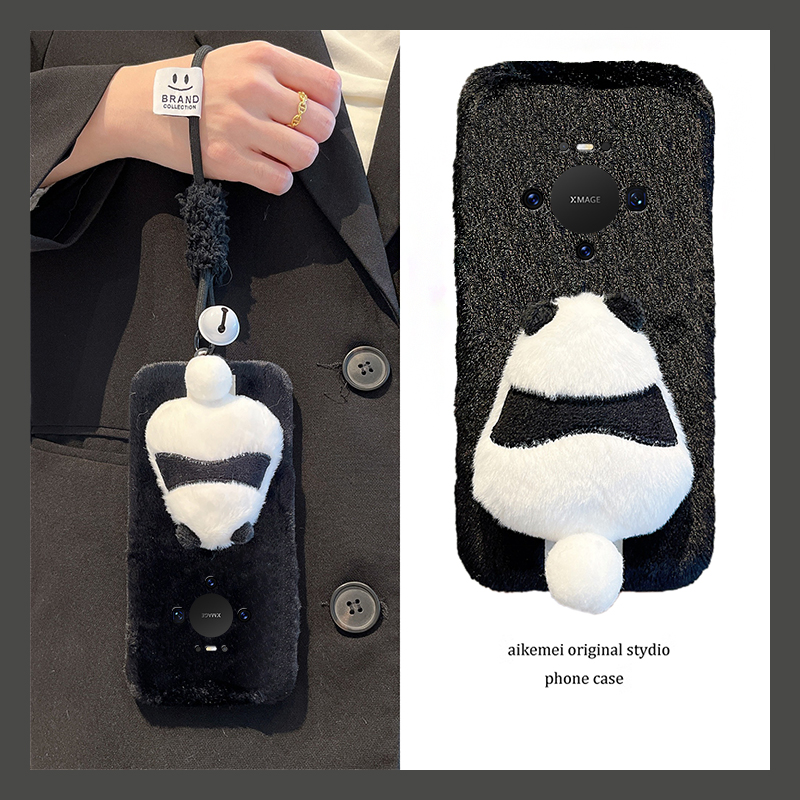 可爱熊猫尾巴适用华为mate80promax手机壳meta70pro+挂绳mata60呆萌m50e毛绒rs保时捷设计40e秋冬季30十20x软