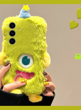 刺绣独眼怪兽适用三星s25edge手机壳s24plus绿色s23+十s22卡通s21fe秋冬季s20ultra毛绒s10立体s9软s8/note20