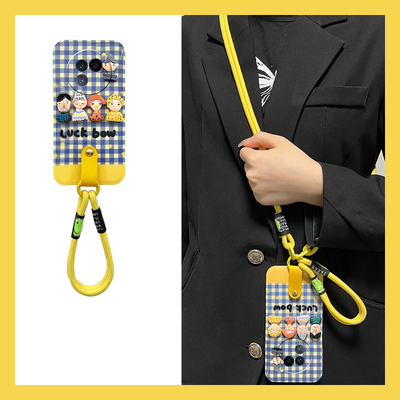 蓝色格纹适用vivoxfold3pro手机壳xfold2立体xflip一家人vivo挂绳vovo折叠屏斜挎vivi日韩+十硅胶软壳可背女p