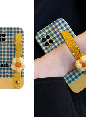 ins风针织花朵适用华为nova15pro手机壳novo15ultra腕带por蓝色十五格纹huawei立体液态硅胶新款全包防摔软壳