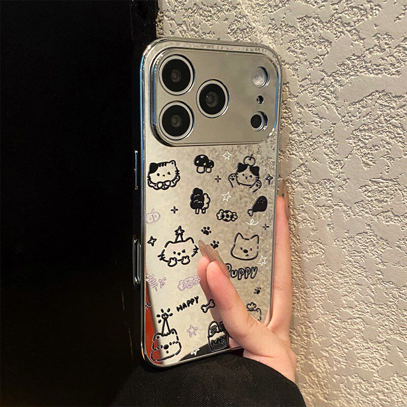 线条猫咪小狗适用小米红米turbo5max手机壳civi5pro镜子4镜面3卡通2挂链13r亚克力12c卡通10a电镀redmi银色软