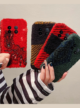 ins风红色格子适用vivoxfold3pro手机壳xfold2撞色xflip拼色vivo秋冬季vovo折叠屏毛茸茸vivi简约+十绒布毛绒
