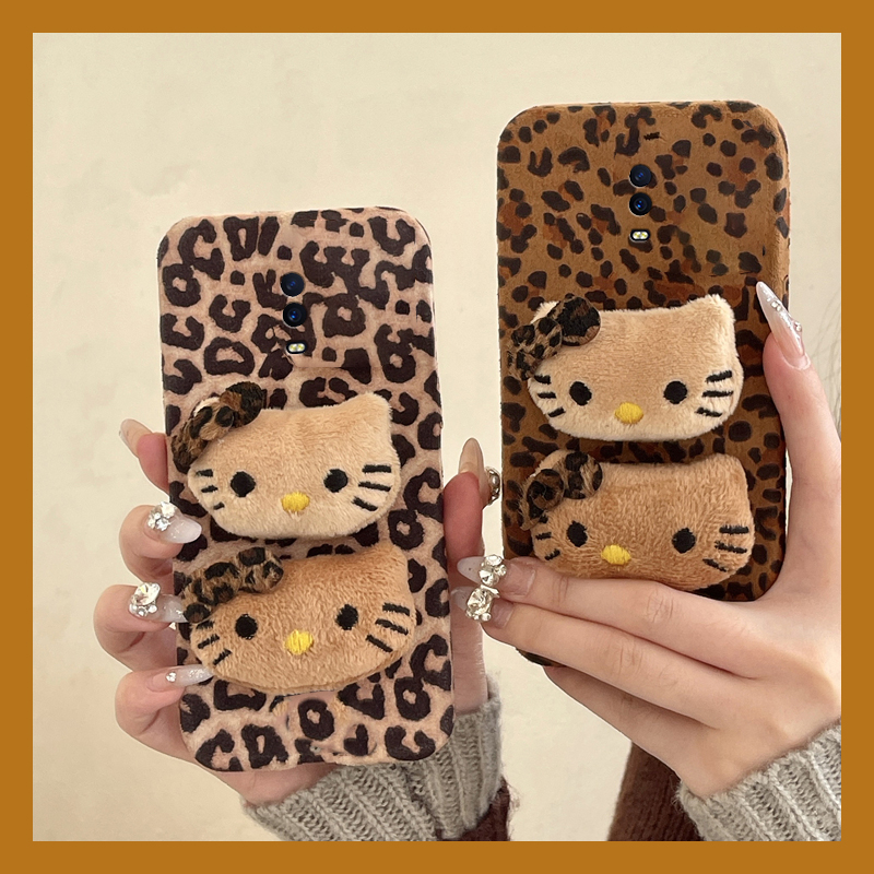 棕色豹纹kt猫适用oppor17pro手机壳r15x梦境版r11splus凯蒂猫r9s立体r7plus秋冬季r17毛绒oppo毛茸茸0pp0卡通