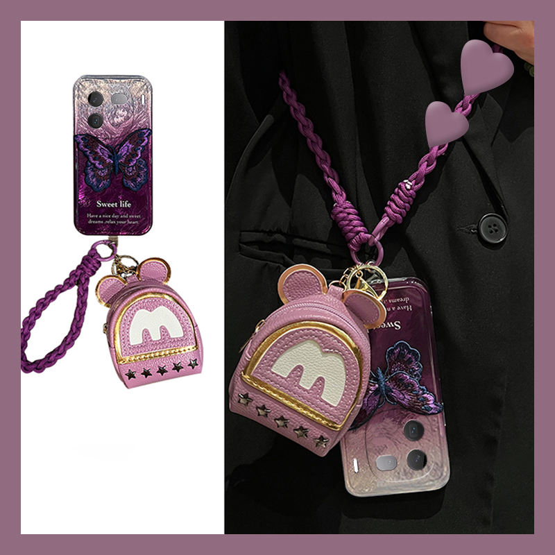 紫色刺绣蝴蝶适用vivoiqoo12pro手机壳iqoo11s斜挎icoo10可背9零钱包8日韩7高级感5硅胶3软壳vivo小众iq00女p