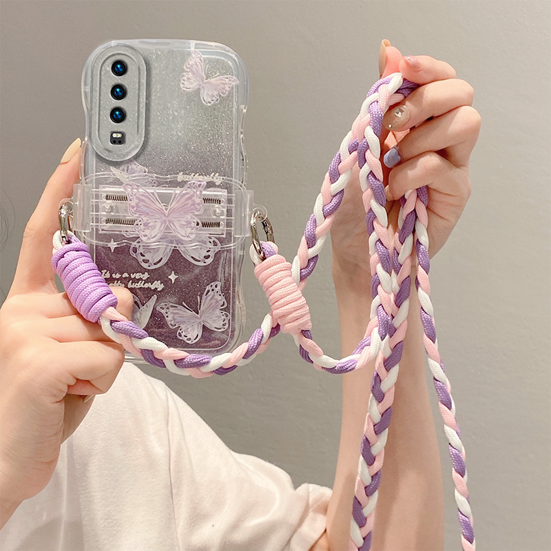 手机壳背夹斜挎挂绳背带闪粉蝴蝶高级感