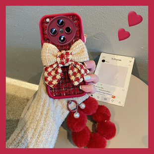 撞色蝴蝶结适用oppor17手机壳r15梦境版 11s小香风findx8ultra毛球x7挂链x6红色x5日韩x3pro绒布oppo毛绒findx