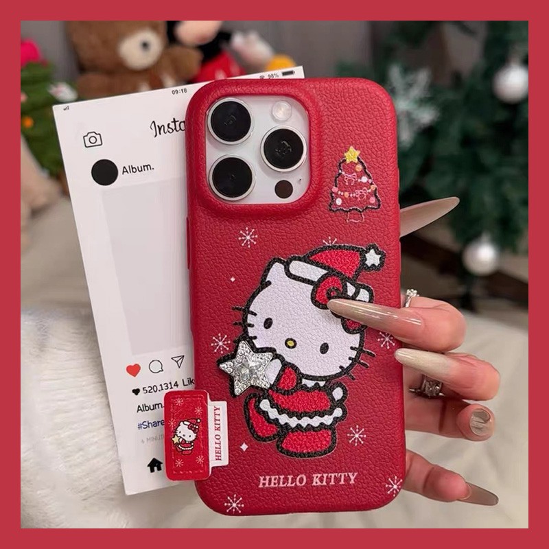 手机壳仿皮皮纹红色卡通圣诞KT猫