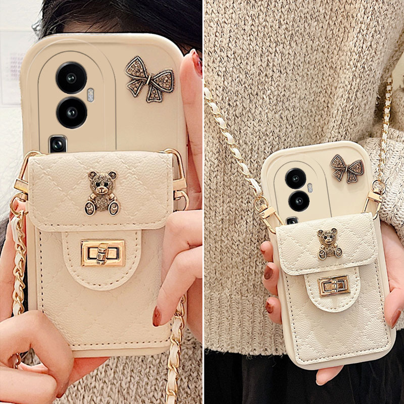 手机壳斜挎可背卡包蝴蝶结小熊链条