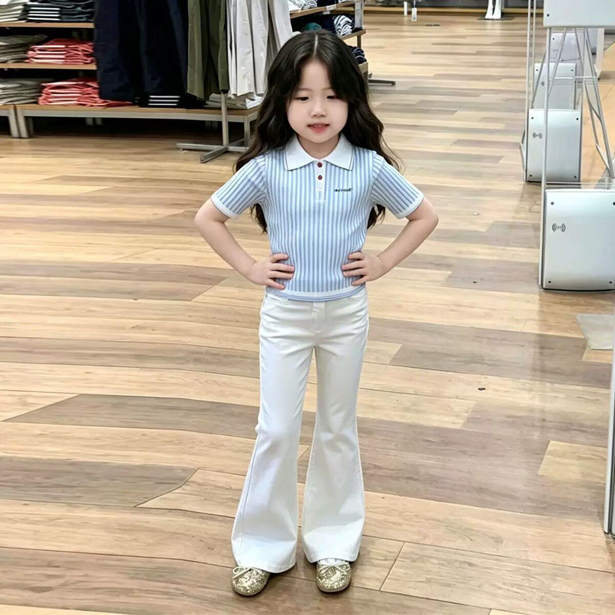 韩版女童夏季蓝色条纹Polo领短袖