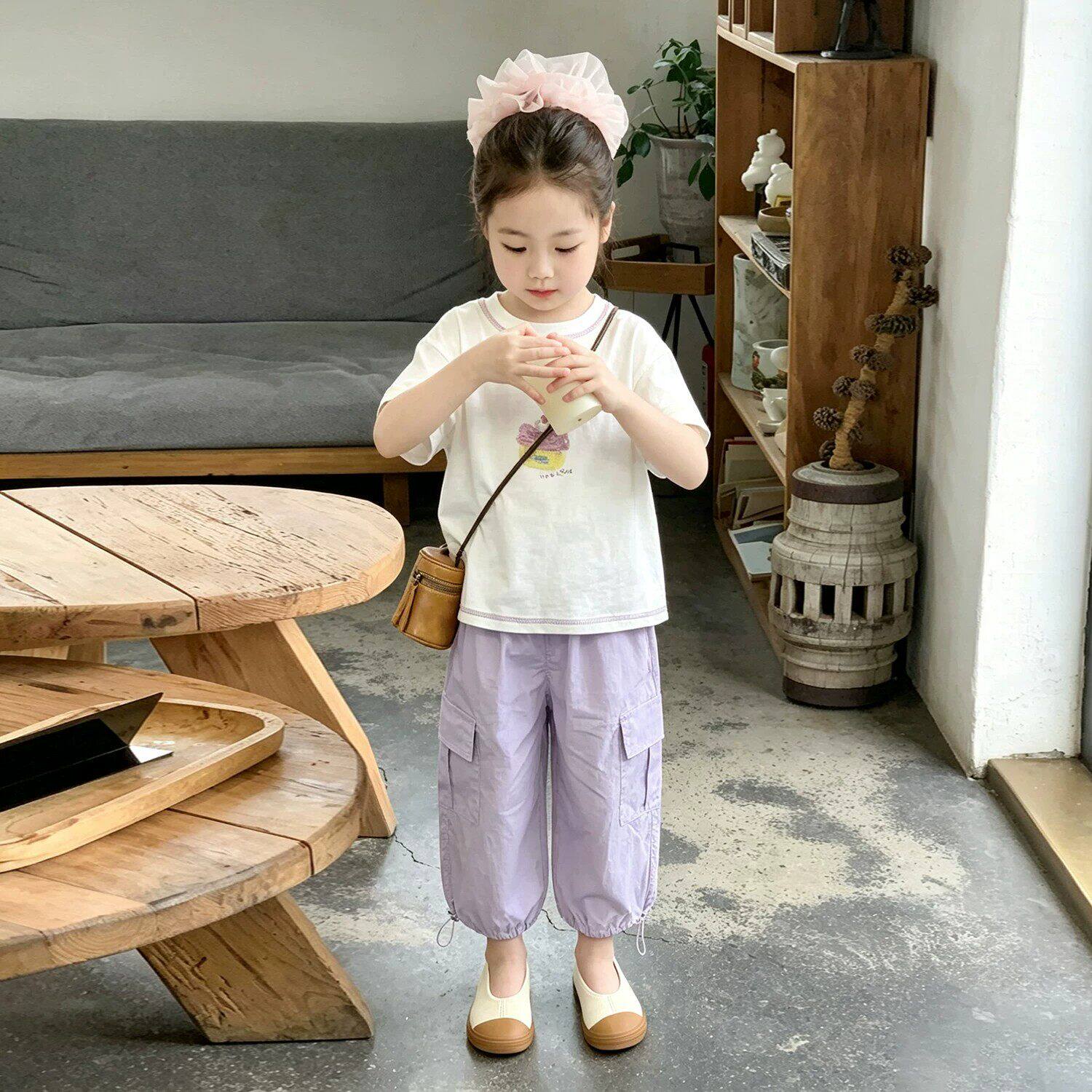 韩版女童2026夏季新款白色可爱蛋糕短袖T恤小女孩紫色休闲工装裤