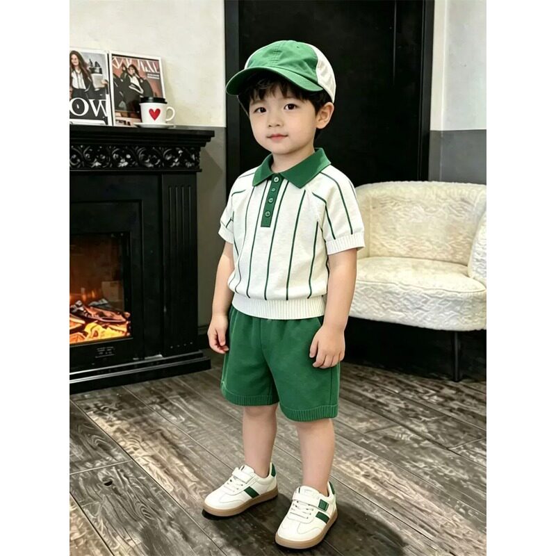 韩版男童运动套装夏季条纹短袖
