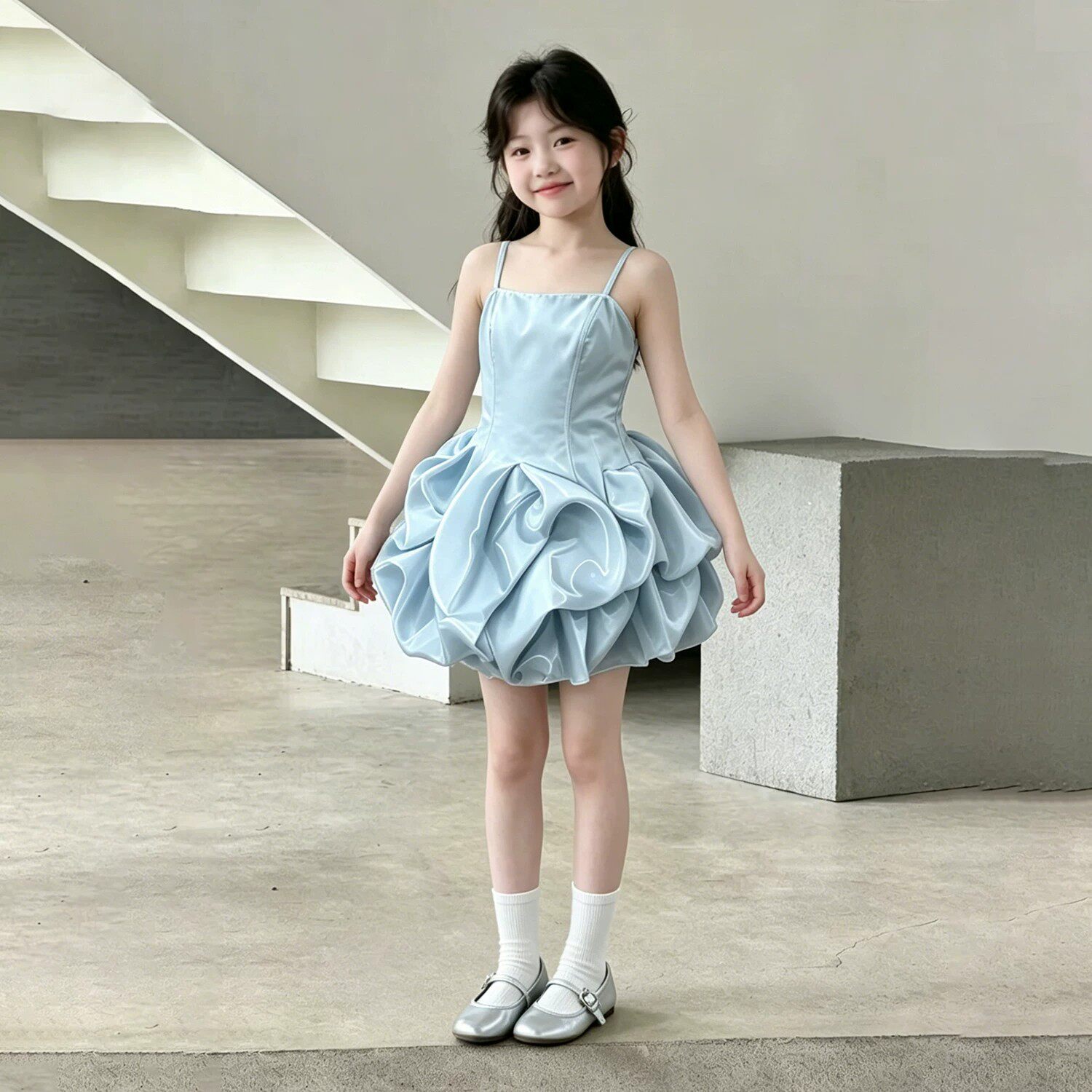 韩版女童2026夏季新款蓝色高级感花苞裙小女孩气质不规则礼服短裙