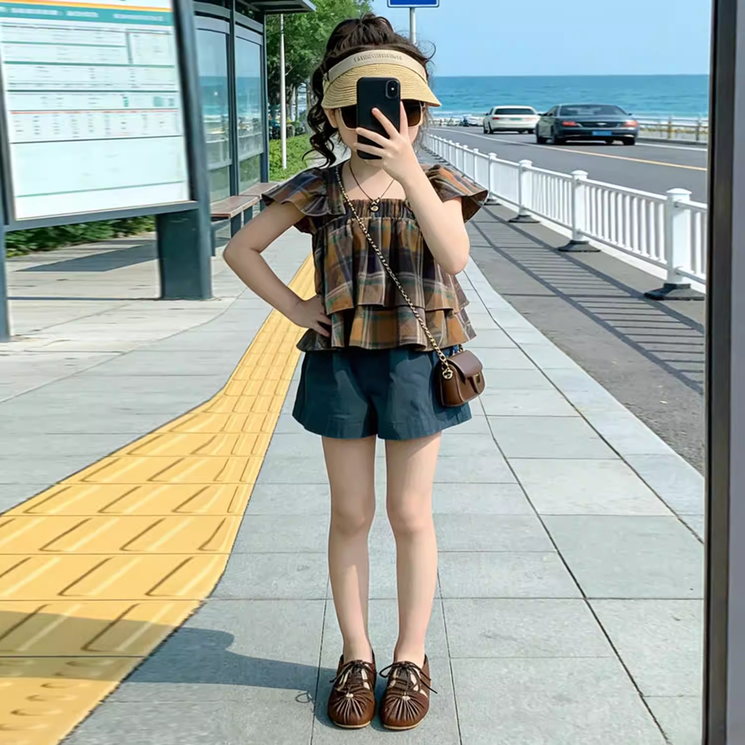 韩版女童夏季复古格纹飞袖娃娃衫