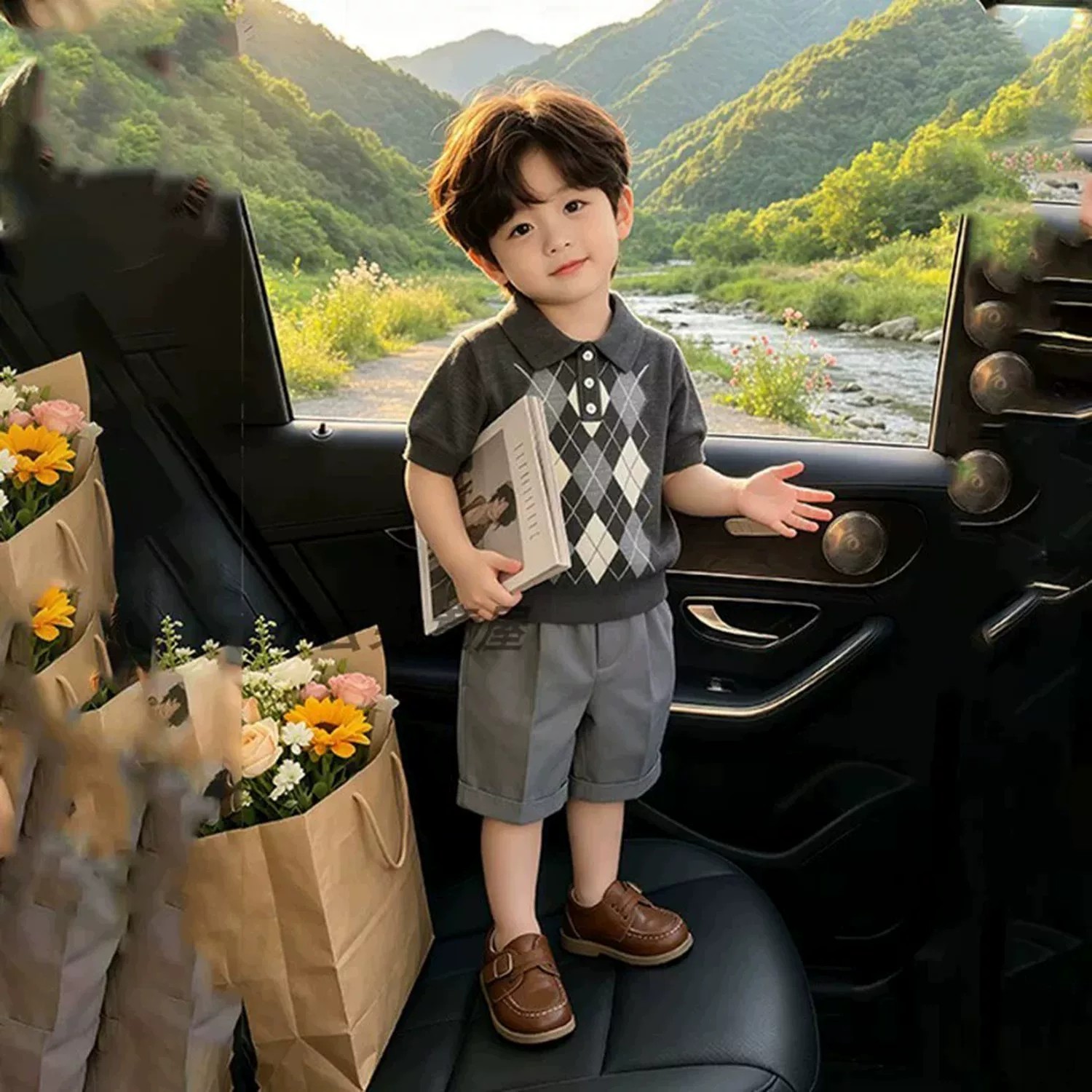 男童夏季老钱风格子短袖针织衫