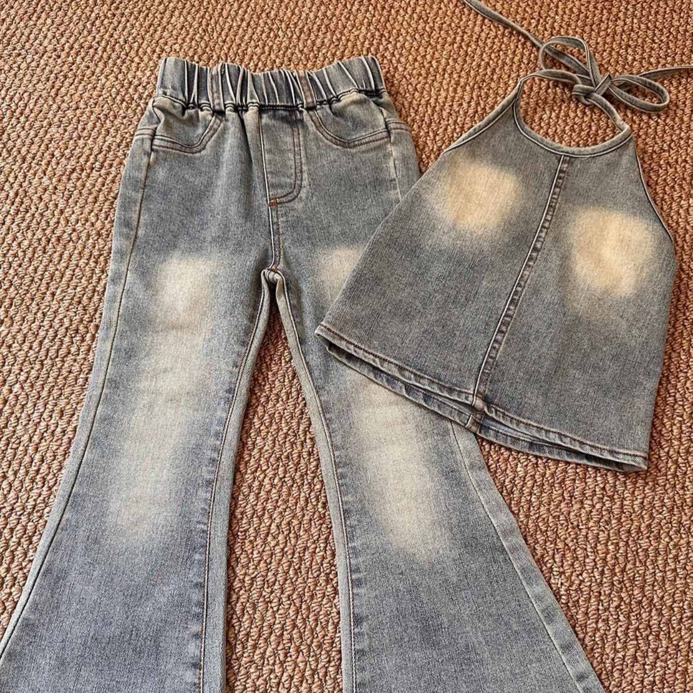 韩版女童2025夏季新款蓝色牛仔挂脖背心女宝宝露背上衣毛边喇叭裤