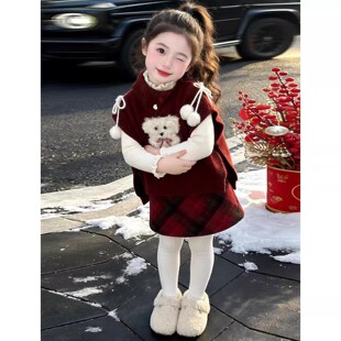 女童冬季新年战袍套装26红色小狗斗篷毛衣小女孩格纹半身裙两件套