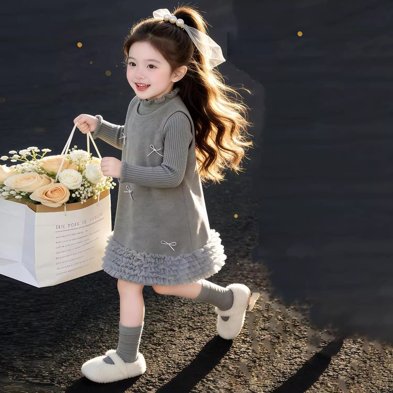 韩版女童2026冬季新款小香风蝴蝶结毛呢背心裙小女孩灰色花边毛衣,童装/婴儿装/亲子装,套装,淘宝优惠券,粉丝福利购,淘宝优惠卷