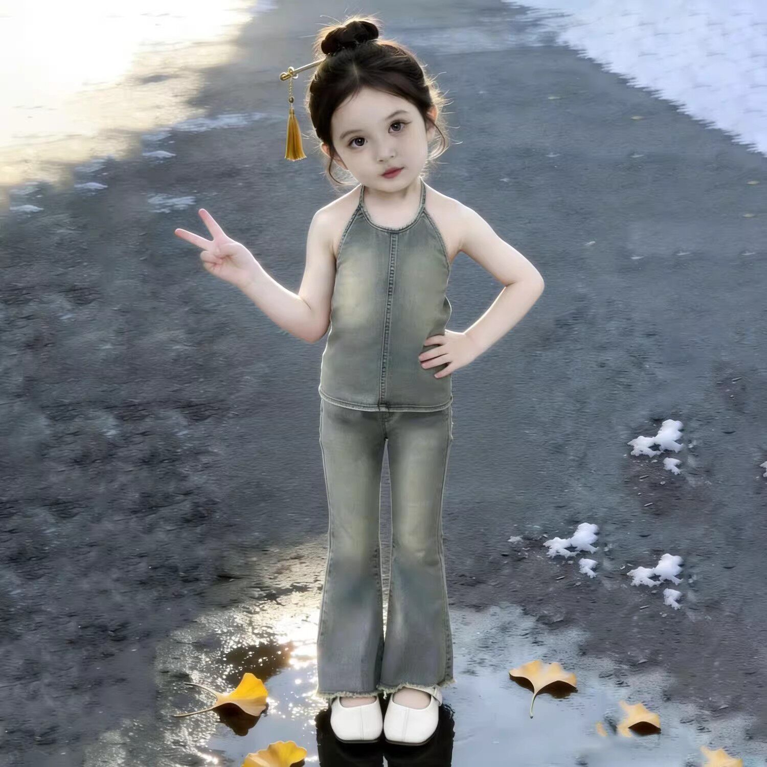 韩版女童2026夏季新款蓝色做旧牛仔挂脖背心小女孩毛边高腰喇叭裤