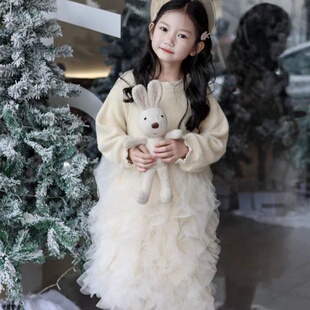 2026春季韩版女童新款千金风杏黄色针织拼接网纱裙女孩高级感裙子