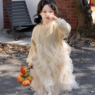 韩国童装2025春秋新款米白色拼接蓬蓬网纱长裙女童花边袖毛衣裙子