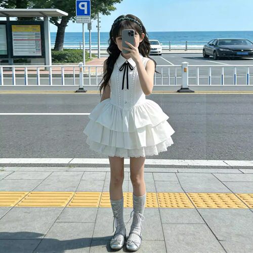法式女童夏季白色蕾丝蝴蝶结短裙