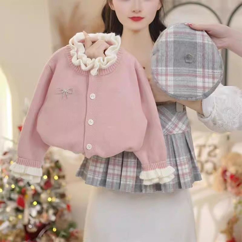 韩版女童2026冬季新款粉色木耳花边假两件毛衣小女孩格纹百褶半裙,童装/婴儿装/亲子装,套装,淘宝优惠券,粉丝福利购,淘宝优惠卷