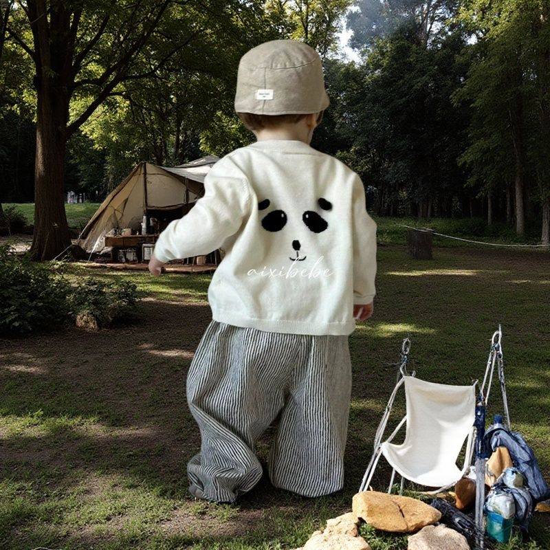 韩版男女童2026春季新款白色熊猫薄款针织开衫外套儿童条纹阔腿裤