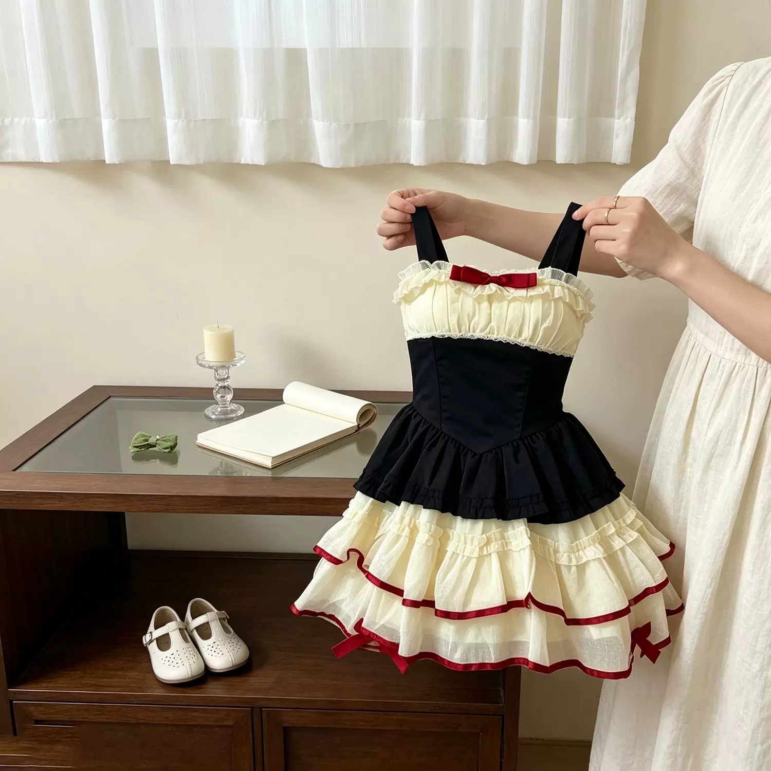 女童夏季拼色蝴蝶结吊带蛋糕短裙