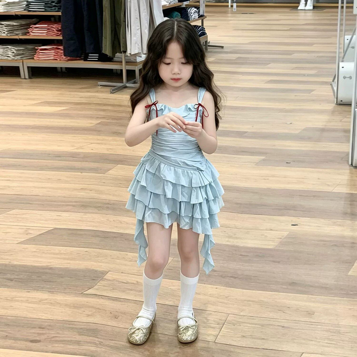 女童夏季蓝色不规则荷叶边吊带裙