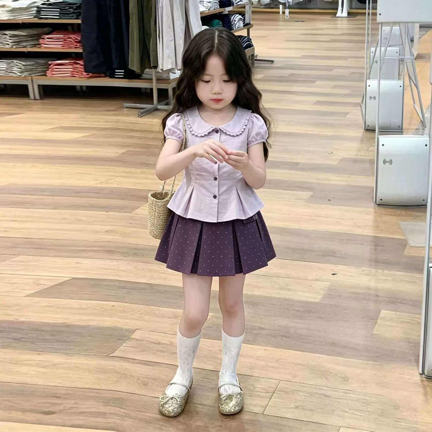 女童夏季紫色娃娃领泡泡袖衬衫