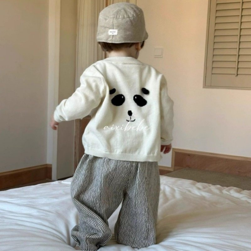 韩版男童2026春季新款奶白熊猫针织开衫儿童薄款外套竖条纹阔腿裤