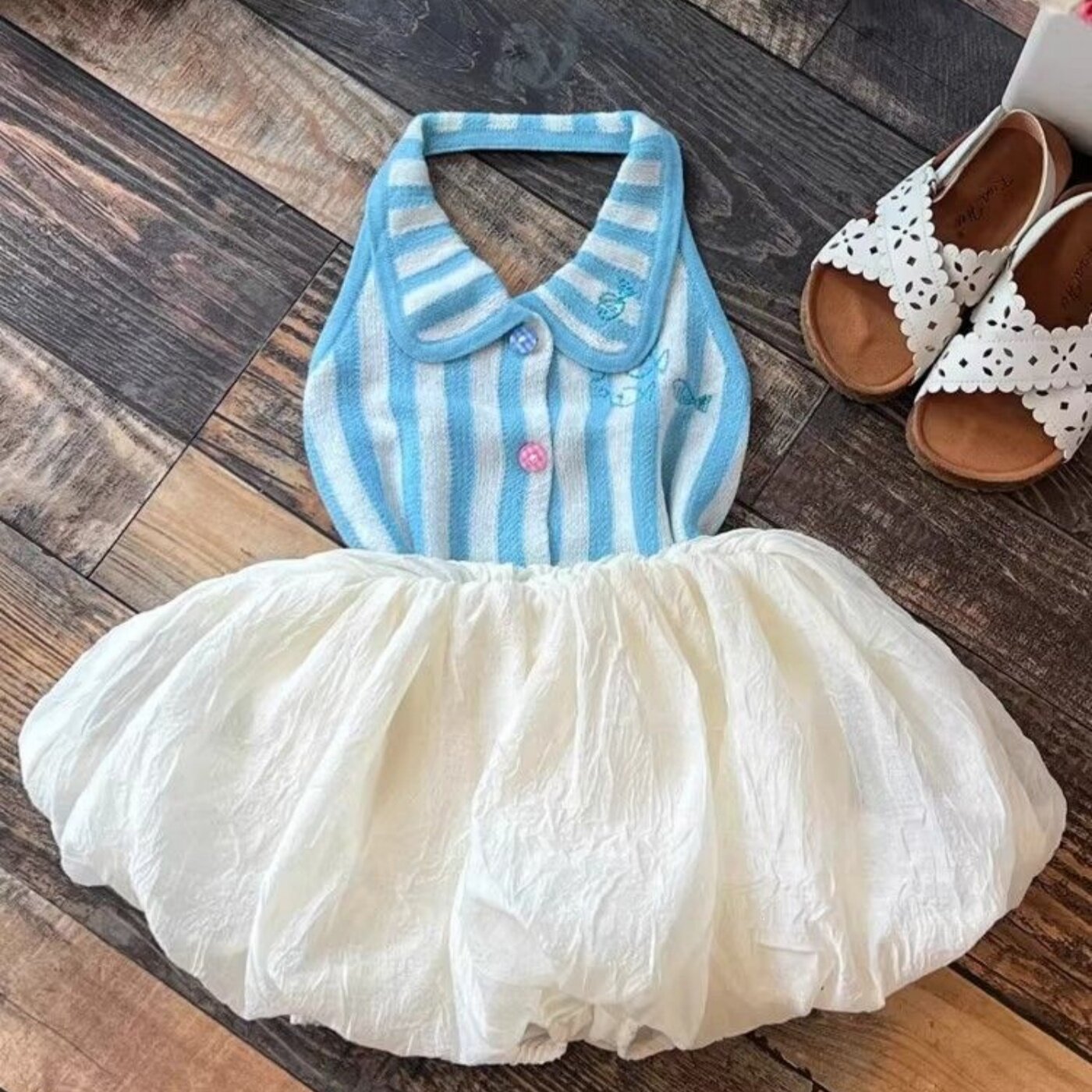 韩版女童2026夏季新款蓝色条纹娃娃领针织背心宝宝白色蓬蓬花苞裤