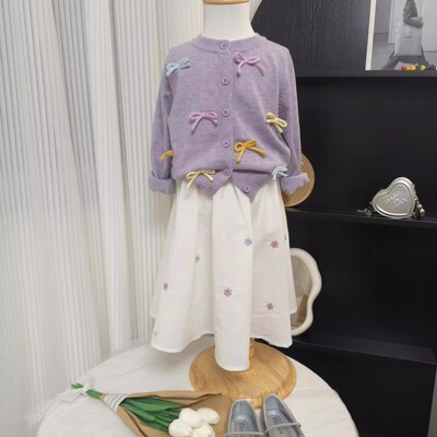 女童秋季紫色蝴蝶结长袖针织衫