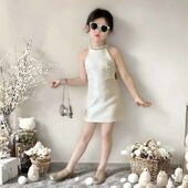 韩版 连衣裙子 杏色闪闪挂脖背心裙女宝宝漏腰修身 女童2025夏季 新款