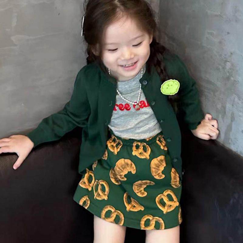 韩国童装2026春季新款绿色针织开衫女童洋气外套卡通半身裙两件套