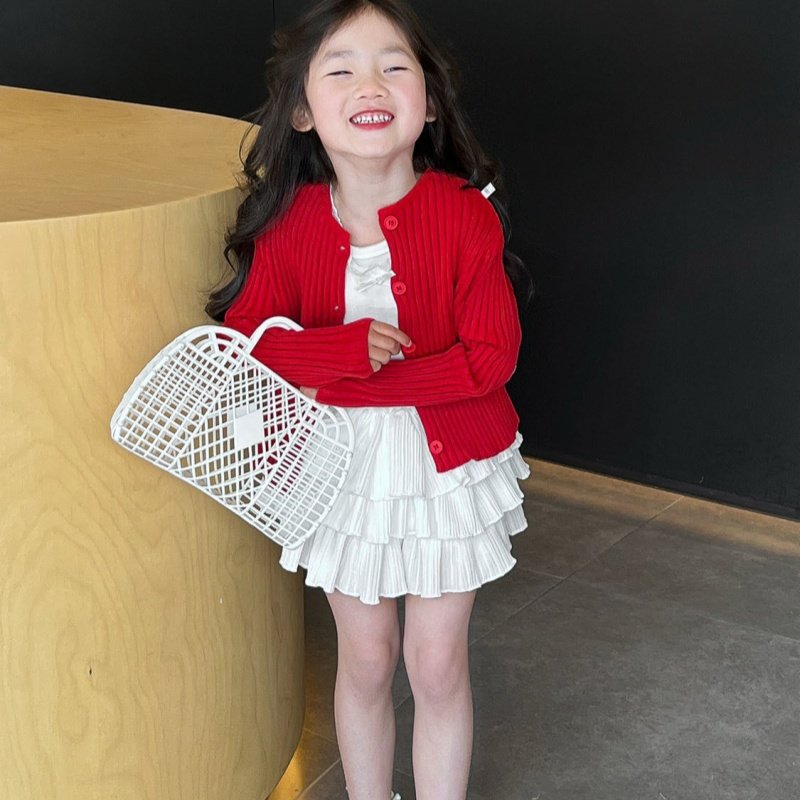 女童韩国童装2026春季款新款红色针织开衫蕾丝背心白色蛋糕半身裙
