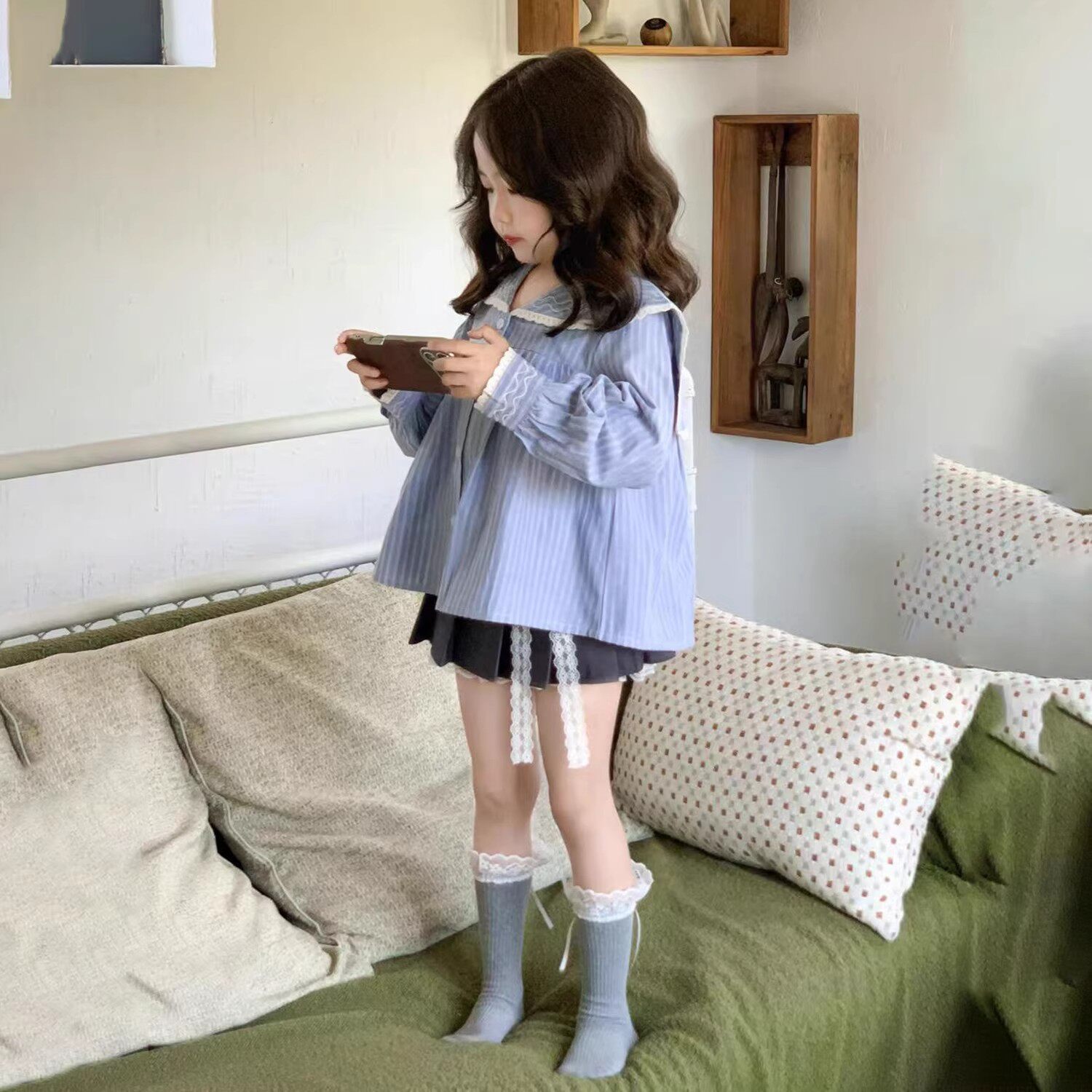 韩版女童秋季蓝色条纹长袖衬衫